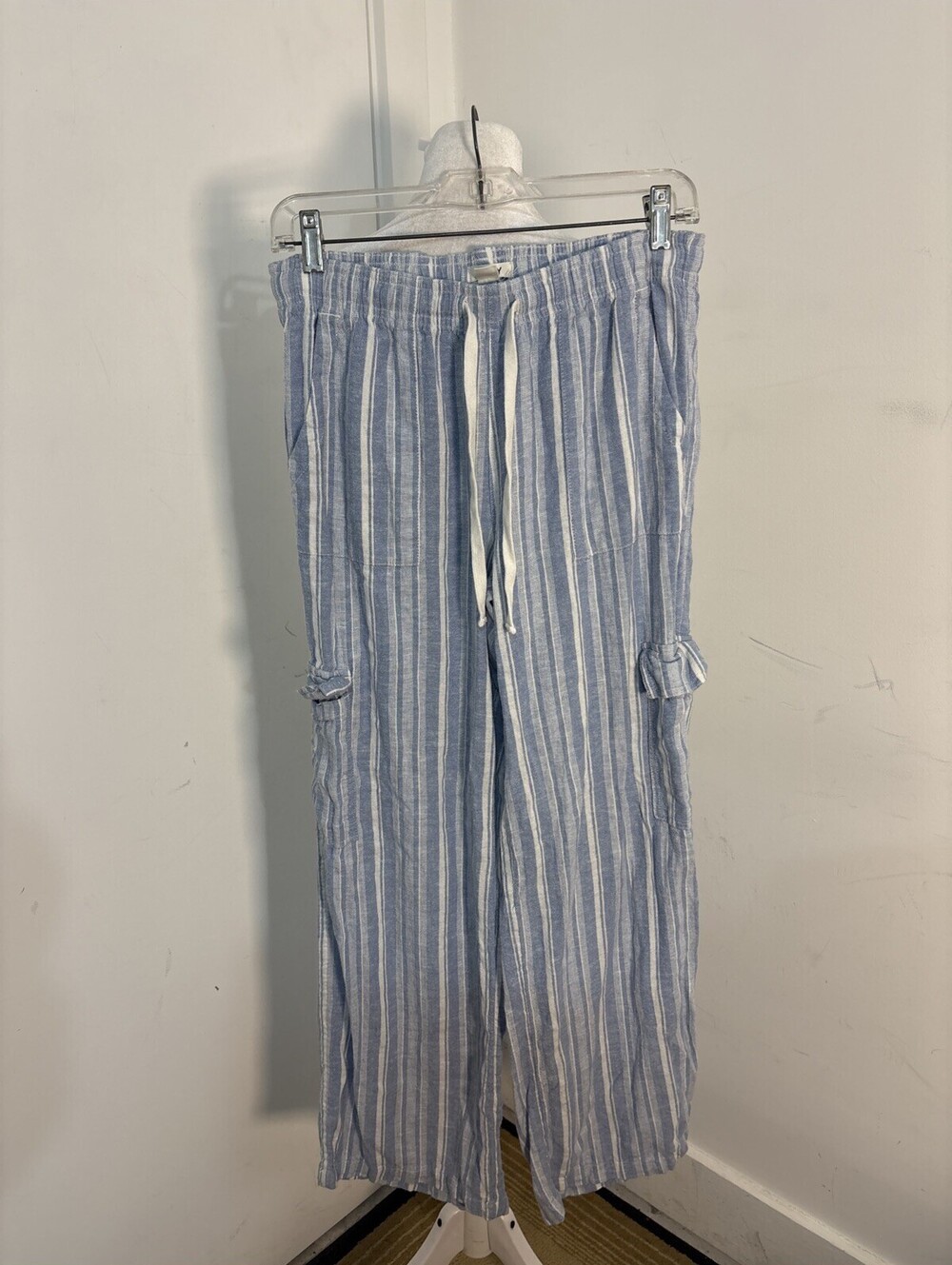Roxy Linen Blend Pants Elastic Waist Pull-On Striped Cargo Pockets Beachy Sz M
